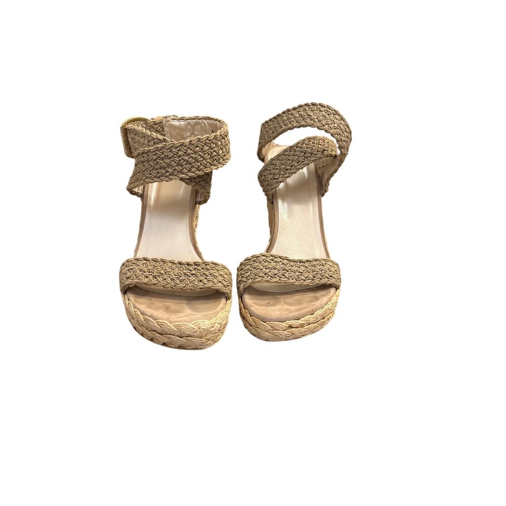 Stuart Weitzman Tan Braided Rafia Wedge Sandals Sz 8.5